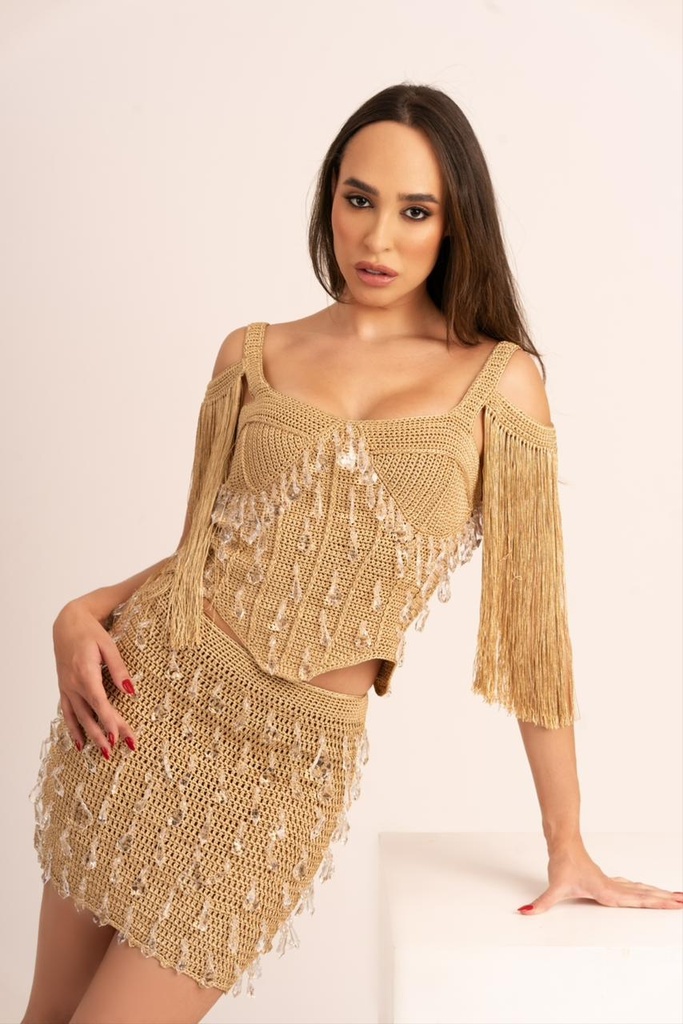 Conjunto Cropped e Saia de Crochet Cristais Fio de Seda CJ1